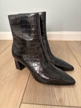 DKNY Dark Brown Croc-Embossed Pointed Toe Ankle Boots